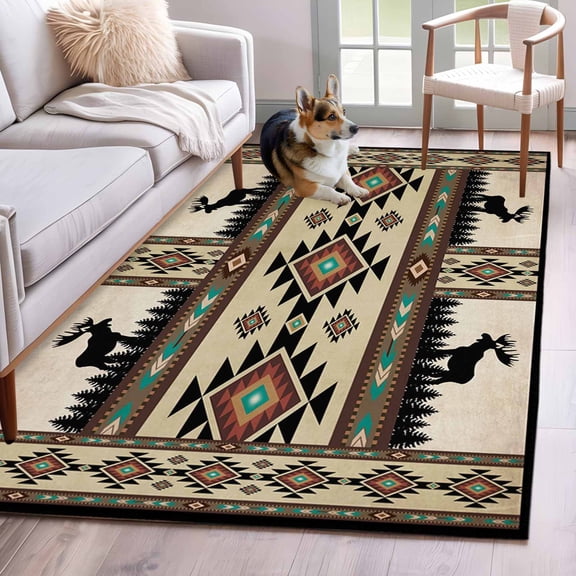 Boho Deer Washable Area Rugs 3'x5', Elk Hunting Forest Aztec Bohemian Retro Low Pile Throw Living Room Rug Non-Slip Sturdy Edge Binding Carpet for Indoor Entryway Bedside Kitchen