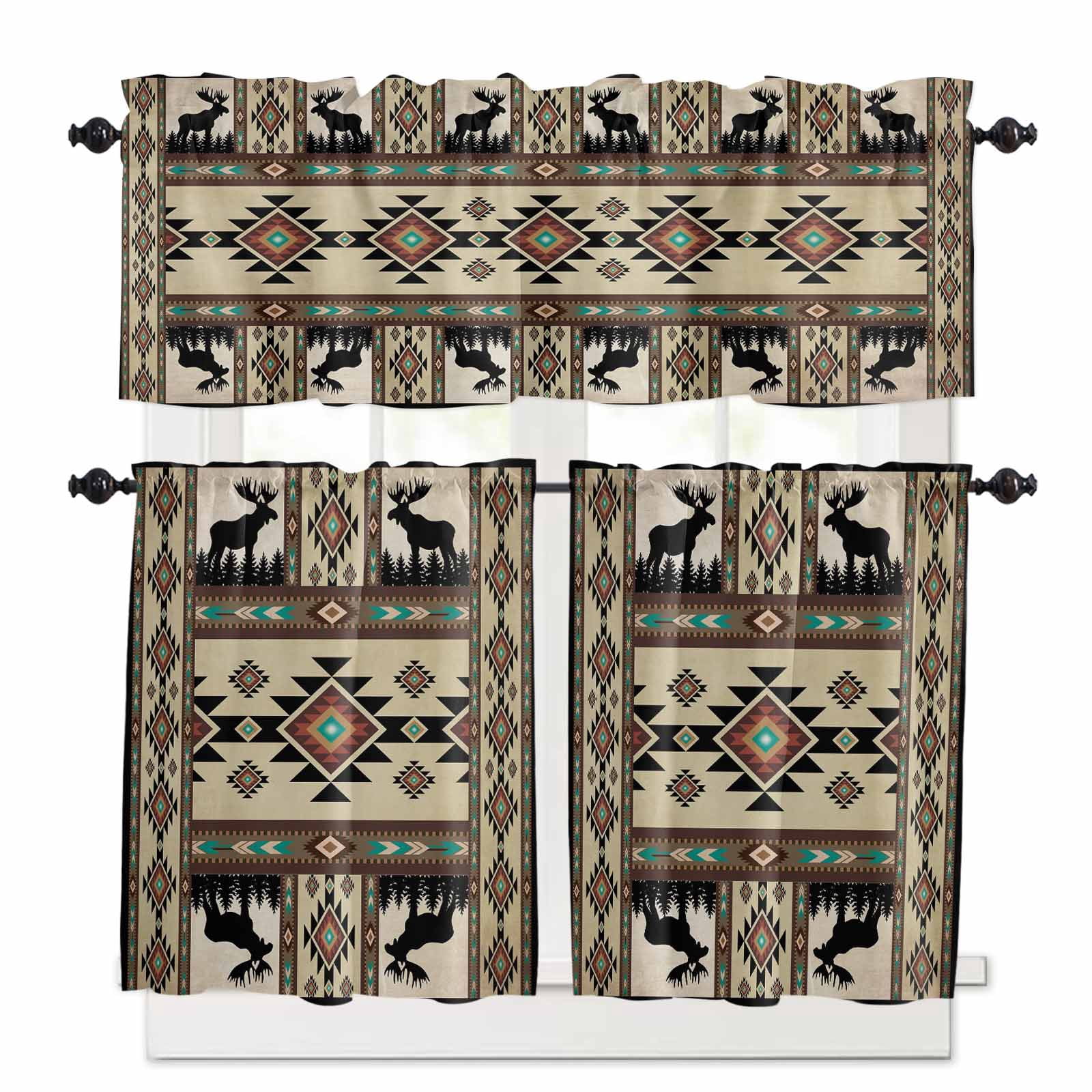 Boho Deer Window Curtains Valance Set of 3 Elk Hunting Forest Aztec ...