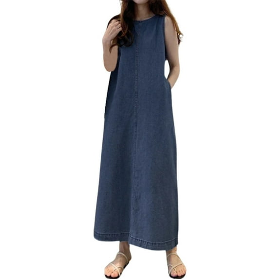 Boho Denim Maxi Dress for Women Long Sleeveless Casual Pocket Dress Round Neck Loose Fit Bohemian Style Comfortable Flowy Summer