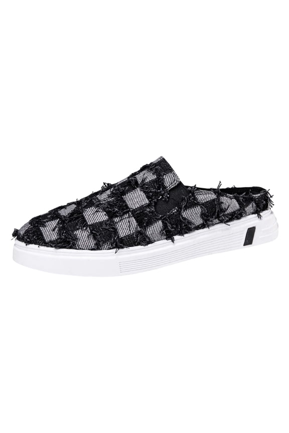 Boho Denim Platform Slides for Men Checkered Pattern Vintage Stitch Trim Slip On Sandals Non-Slip Summer Shoes(Black,Size 6.5)