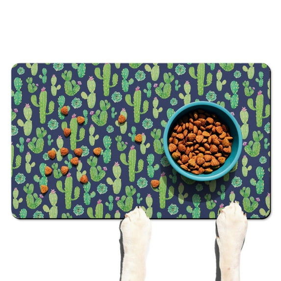 Boho Desert Cactus Pet Food Mat - Waterproof Dog Feeding Mat - Non-Slip Absorbent Design - Multi-Layer Sponge Core - Easy to Clean