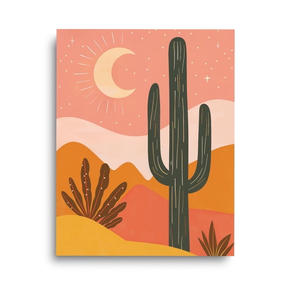 Boho Desert Cactus Print, Rainbow Landscape Scene, Crescent Moon Art, Southwestern Poster, Abstract Nature Wall Decor, Cactus Home Decor #4025, Unframed Canvas Size 8x12