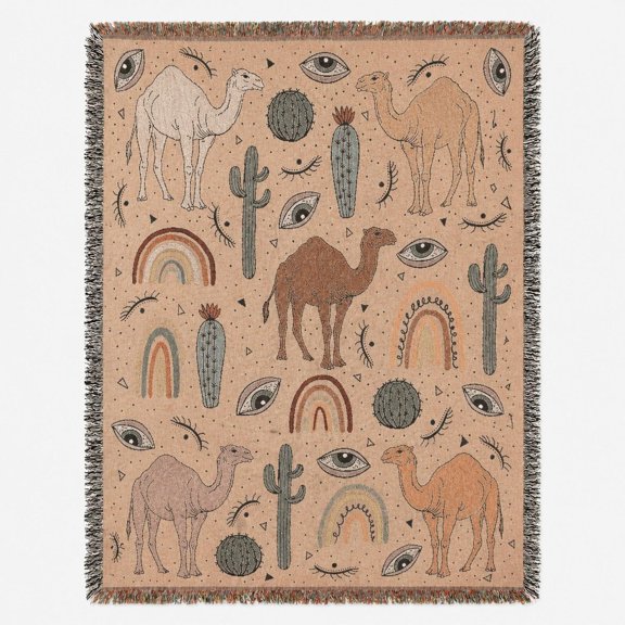 Boho Desert Camel, Cactus and Eye Peach Woven Blanket 100% cotton Southwestern Home Decor Living Room