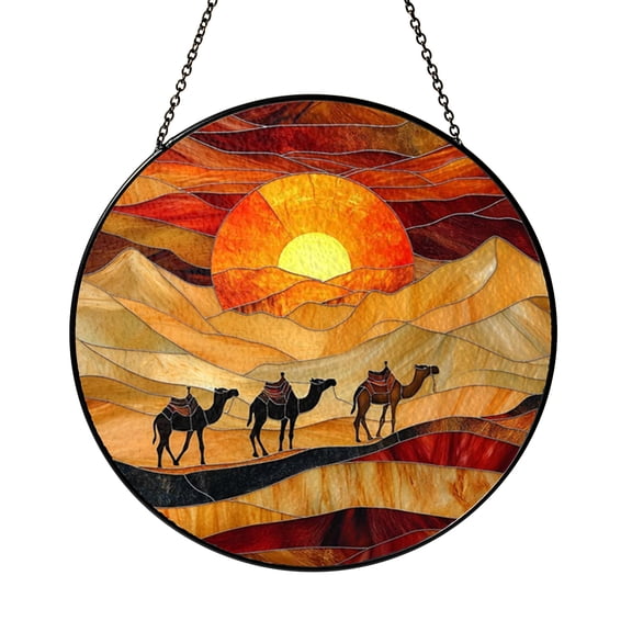 Boho Desert Camel Stained Glass Suncatcher, Sunset Dunes Window Hanging Decor, Travel Inspired Landscape Art Panel, Exotic Home Accent Gift