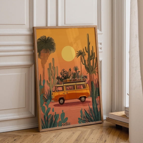 Boho Desert Camper Van Art Sunset Cactus Landscape Decor, Stretched Canvas