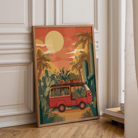 Boho Desert Camper Van Art, Sunset Cactus Landscape Poster Unframed Paper Print