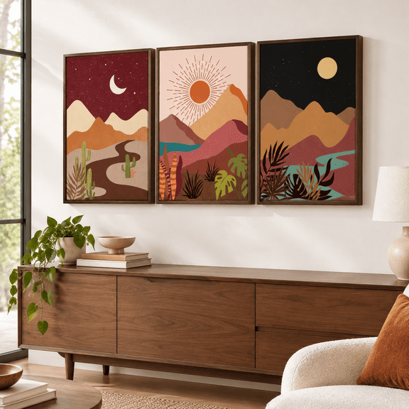Boho Desert Framed Canvas Wall Art Set Of 3 Colorful Sun And Moon Prints Bohemian Modern Cactustings Southwestern Landscape Decor