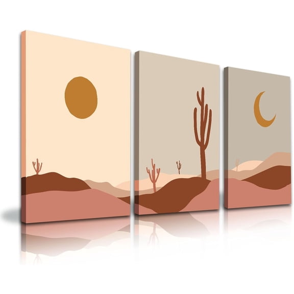 Boho Desert Landscape Wall Art Abstract in Earthy Colors Sun Cactus Moon Desert Landscape Framed Wall Art Paintings, Boho Wall Decor for Bedroom Living Room Bathroom(12x16inch, Set of 3)