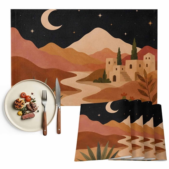Boho Desert Placemats Set of 6, Terracotta Middle Century Vintage Moon Cactus Washable Wipeable Table Mats for Dining Tables, Indoor Outdoor Kitchen Place Mats for Holiday Party Table Decor