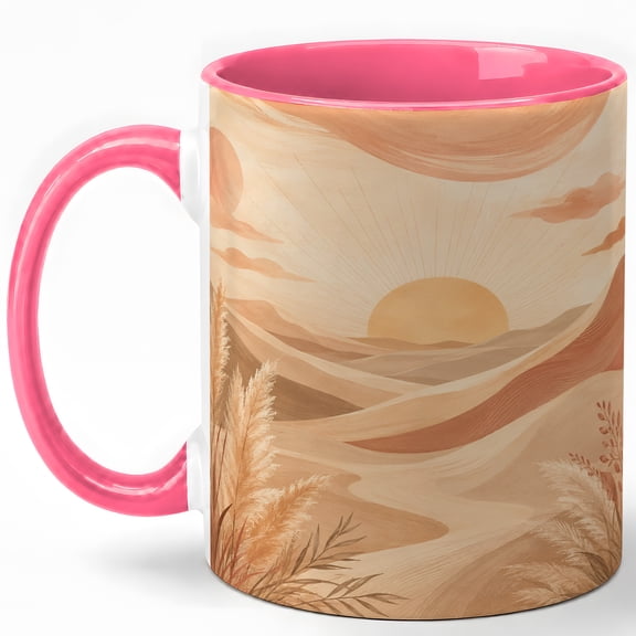 Boho Desert Sunrise Coffee Mug, Minimal Sand Dune Landscape Design, 11 oz Ceramic Cup
