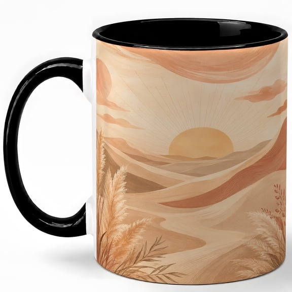 Boho Desert Sunrise Coffee Mug, Minimal Sand Dune Landscape Design, 11 oz Ceramic Cup