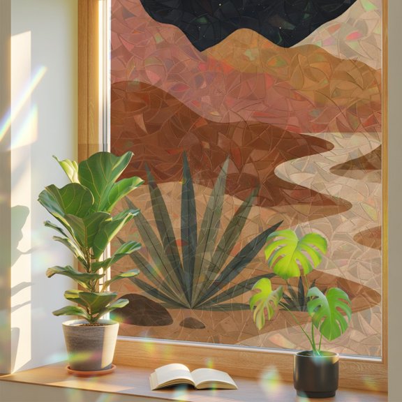 Boho Desert Window Privacy Film Rainbow Static Cling Stain Glass Window Film for Glass Door, Decorative Sunroof Decal Sticker for Car Home 17.7"x39.3" Terracotta Middle Century Vintage Moon Cactus
