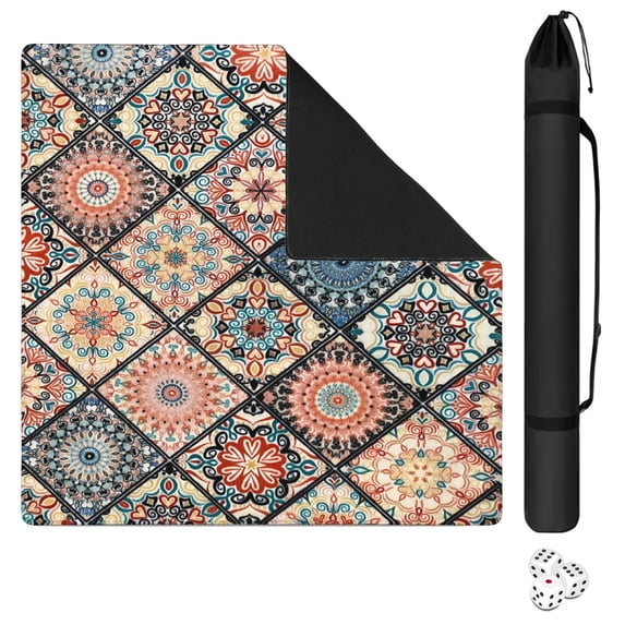 Boho Design Extra Large Rubber Playing Pad 31.5 Inch Square Mahjong Table Mat Features Non-Slip Grip and Noise Reducing Properties for Tiles and Cards