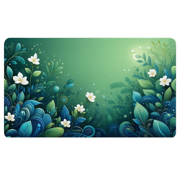 Boho Desk Mat,A green background with white flowers and leaves,Large Mousepad,Soft Mouse Pad,Mouse Pad Mat for Desk,Desk Accessories Aesthetic