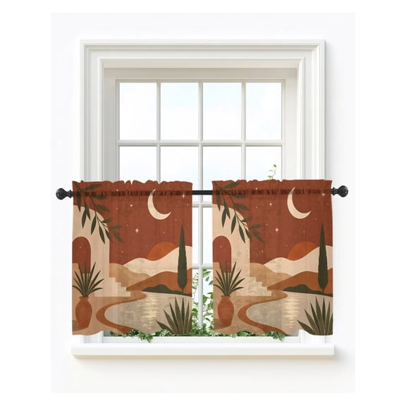 Boho Dessert Sheer Kitchen Tier Curtains 24 Inch Length,Short Curtains for Small Windows Cafe, Vintage Abstract Bohemian Moon Archway Rod Pocket Voile Drapes Half Window Treatments 27.5"x24" 2 Panels