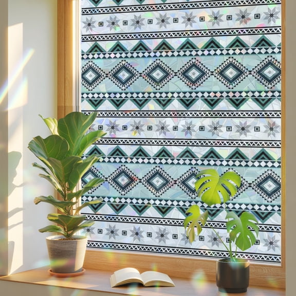 Boho Diamond Pattern Window Privacy Film, Rainbow Film Decorative Window Sticker 17.7x39.3in, Ethnic Style Blue Strips Sun Blocking Static Stained Glass Cling Tint Non-Adhesive