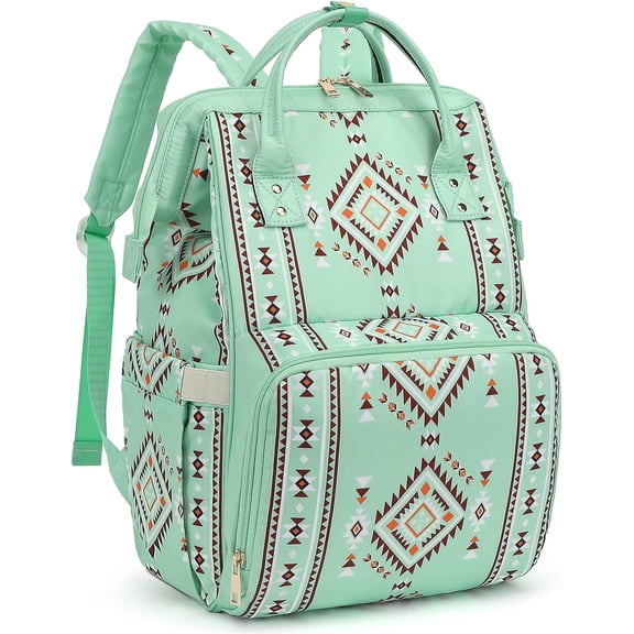 Boho Diaper Bag Backpack for Mom Dad, Multifunctional Bohemia Baby Nappy Backpack with Stroller Straps Insulated Pockets (Green)