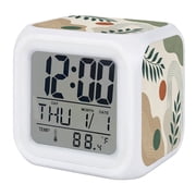Boho Digital Alarm Clock for Bedrooms, Smart LED Alarm Clock with 7 Color Changing Night Light, Middle Century Botanical Geometric Modern Silent Wake Up Clocks for Sleep Study Cooking 3.2"x3.2"