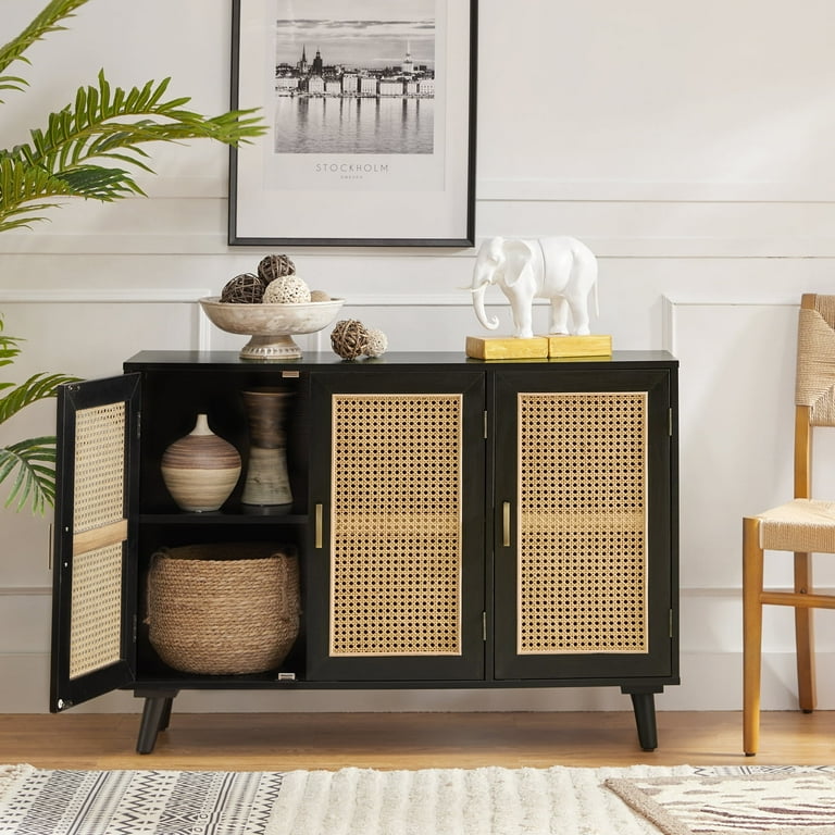3 Door Wood Rattan Storage Sideboard Cabinet Black