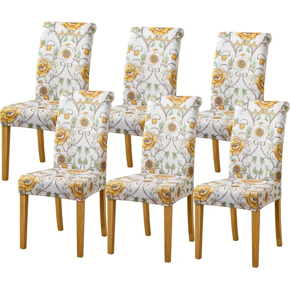 Boho Dining Room Chair Covers Set of 6 Beige Stretch Floral Printed Kitchen Chair Slipcovers Washable