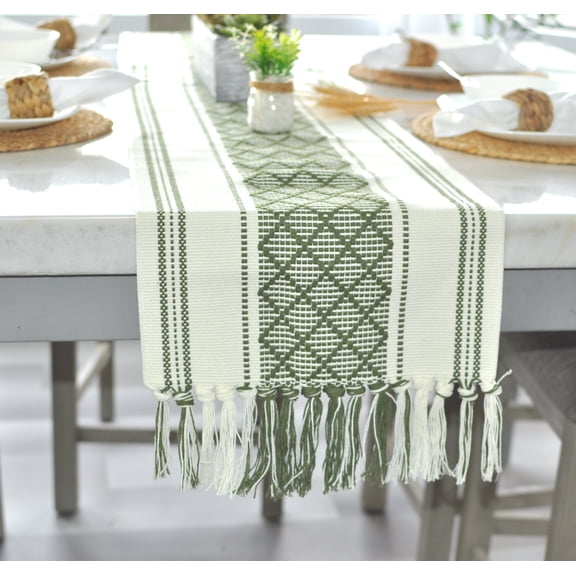Boho Dining Table Runner with Tassels 14 x 72 Inches, Olive Green & Off White| Boho Dresser Scarf / Farmhouse Cotton Woven Console Table or Buffet Top Cover