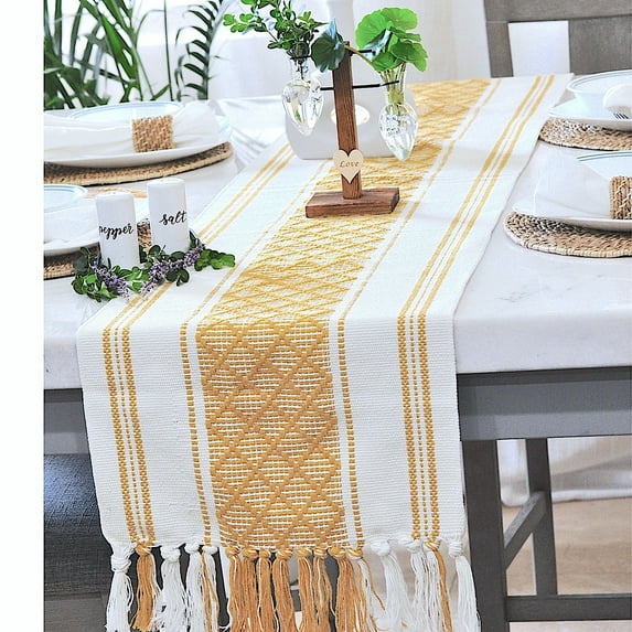 Boho Dining Table Runner with Tassels 14x90 Inches, Mustard Yellow & Cream | Woven Washable Dresser Scarf | Farmhouse Long Cotton Table Runner with Fringe