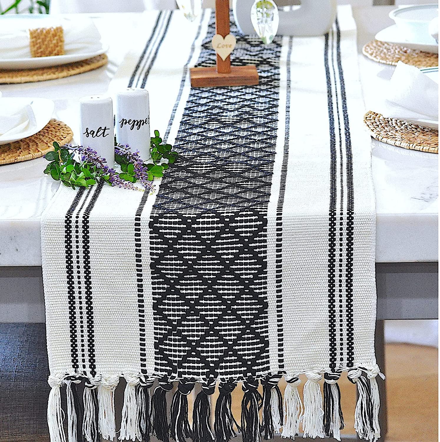 Black and Cream Cotton Woven Table Runner with Tassels