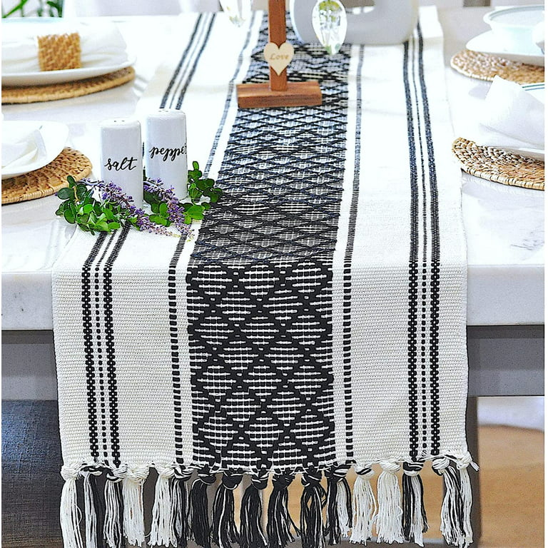 Oveesha Boho Dining Table Runner with Tassels 14 x 72 Inches, Black and Cream | Boho Dresser Scarf / Cotton Woven Console Table or Buffet Top Cover