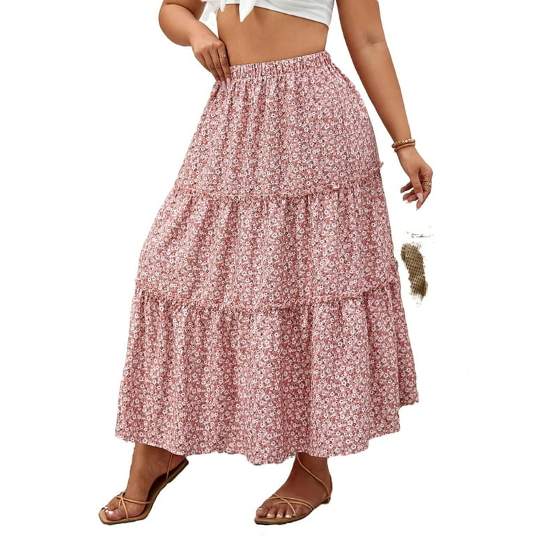 Boho Ditsy Floral Layered Tiered Multicolor Plus Size Skirts