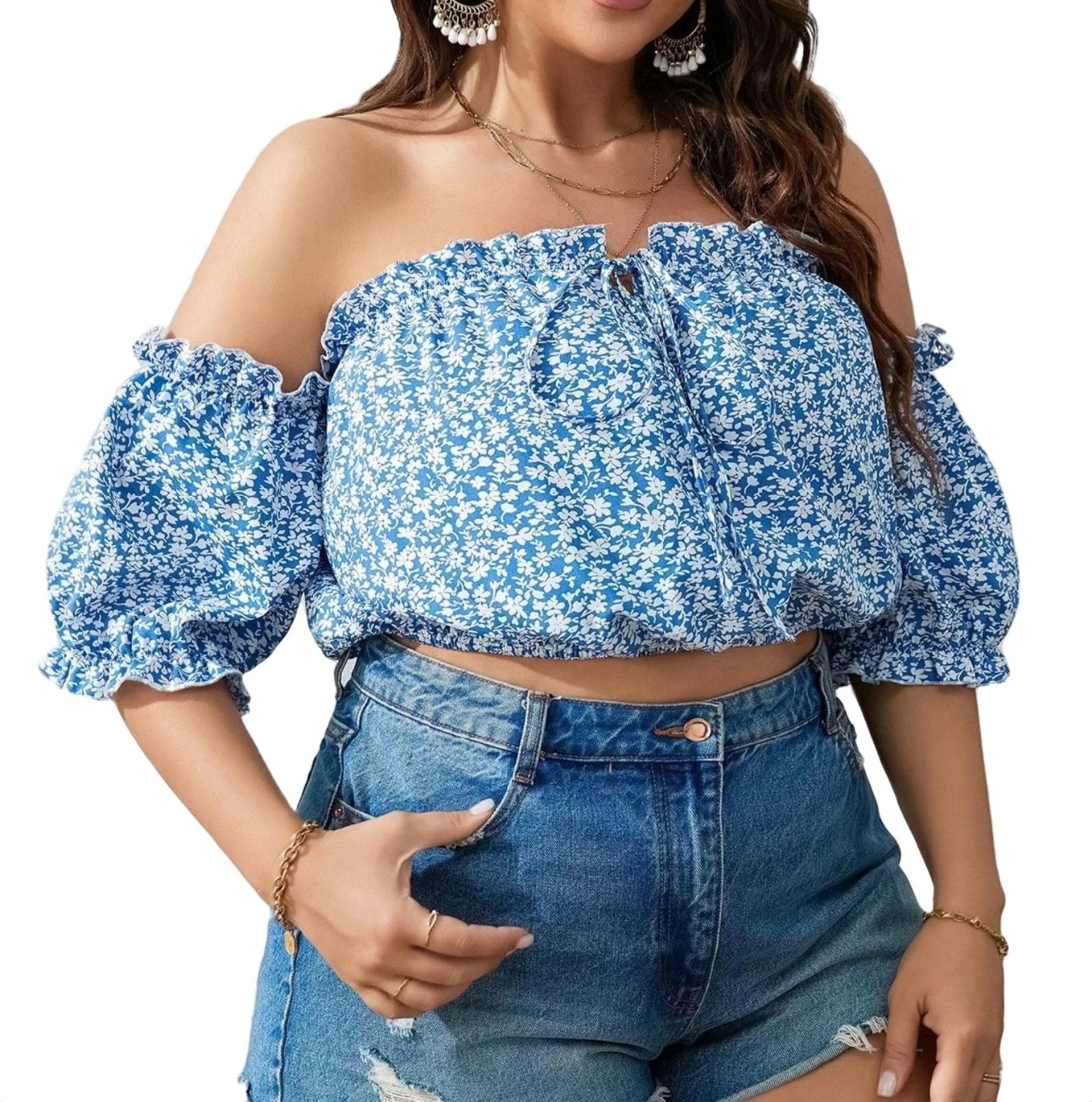 Boho Ditsy Floral Print Off the Shoulder Top Elbow-Length Blue and ...