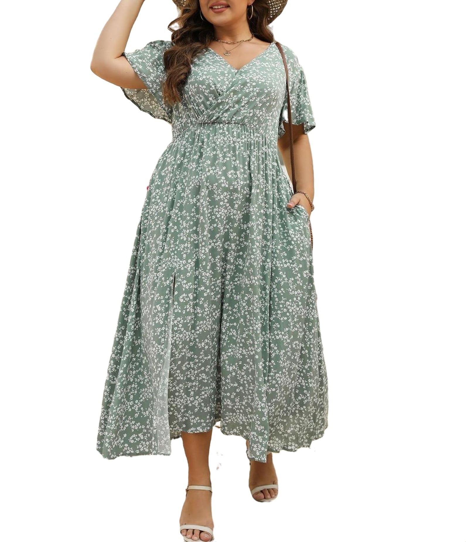 V neck Chiffon Long Dresses with Straps Mint Green Plus Size