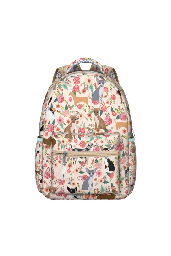 Boho Dog Aesthetic Backpack with Hand-Drawn Dog Graphics, Ethnic Patterns, and Floral Designs, Spacious and Trendy