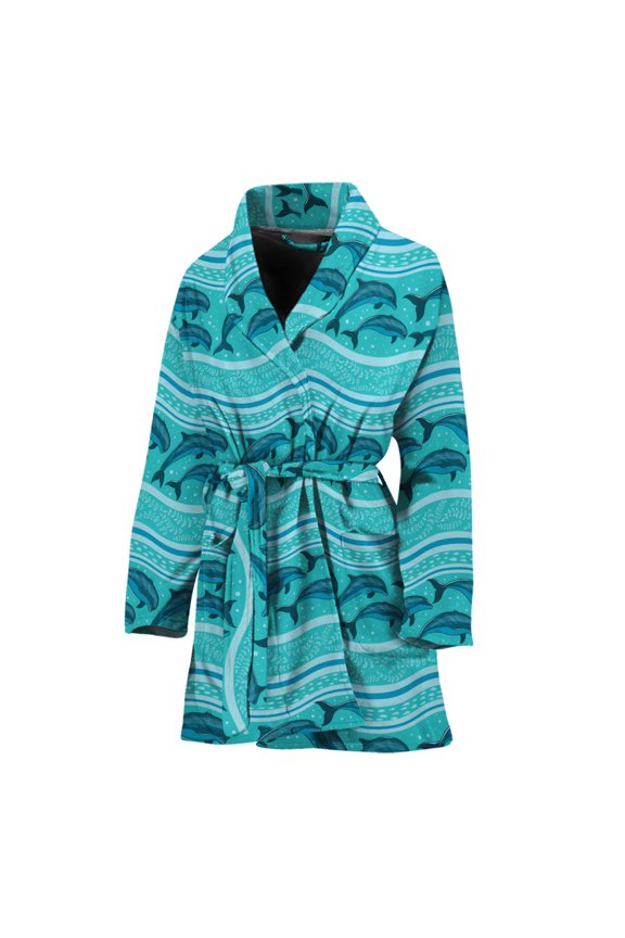Boho Dolphin Pattern Women Bathrobe One Size Univeral Fits, Ocean Dolphin Fashion Lightweight Plush Fleece Long Robe For Women