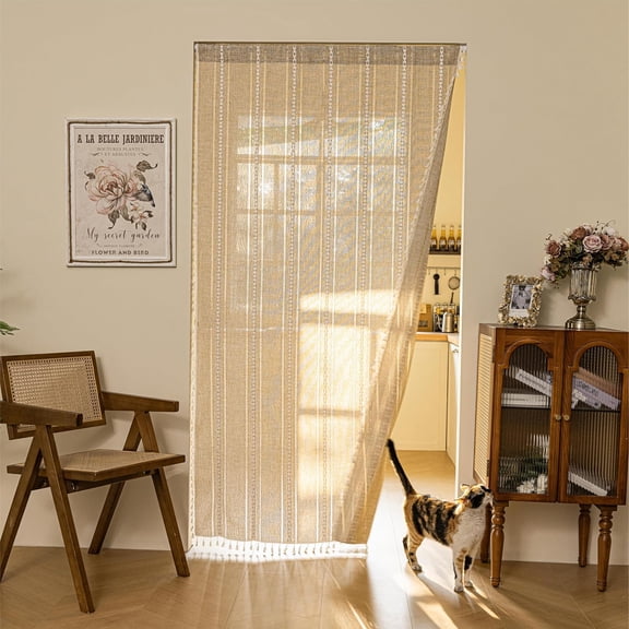 Boho Door Curtains for Doorway, Bohemian Semi Blackout Curtains Privacy Embroidery Drape Decor for Temporary Room Dividers Bedroom Living Room, Rod Pocket 1 Panel 37" W x 80" L, Natural