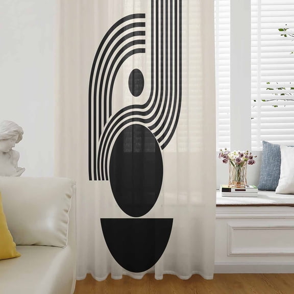Boho Dot Striped Sheer Curtains 96 Inch Length, Light Filtering Voile Curtain Panel, Abstract Middle Century Modern Geometric Rod Pocket Drapes Window Treatments for Living Room Bedroom 52"x96"