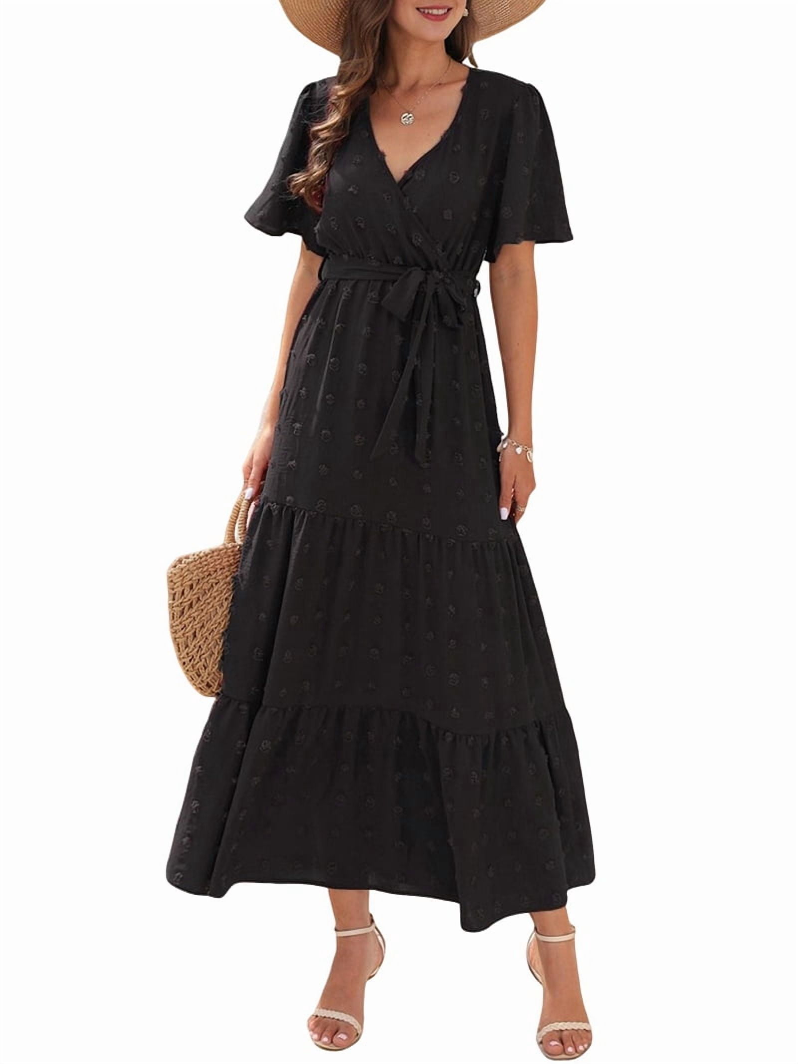 Boho Dot Summer Maxi Dresses for Women Wrap V Neck Short Sleeve Long Flowy Church Wedding Guest Dress Black L