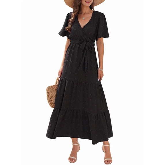 Boho Dot Summer Maxi Dresses for Women Wrap V Neck Short Sleeve Long Flowy Church Wedding Guest Dress Black L