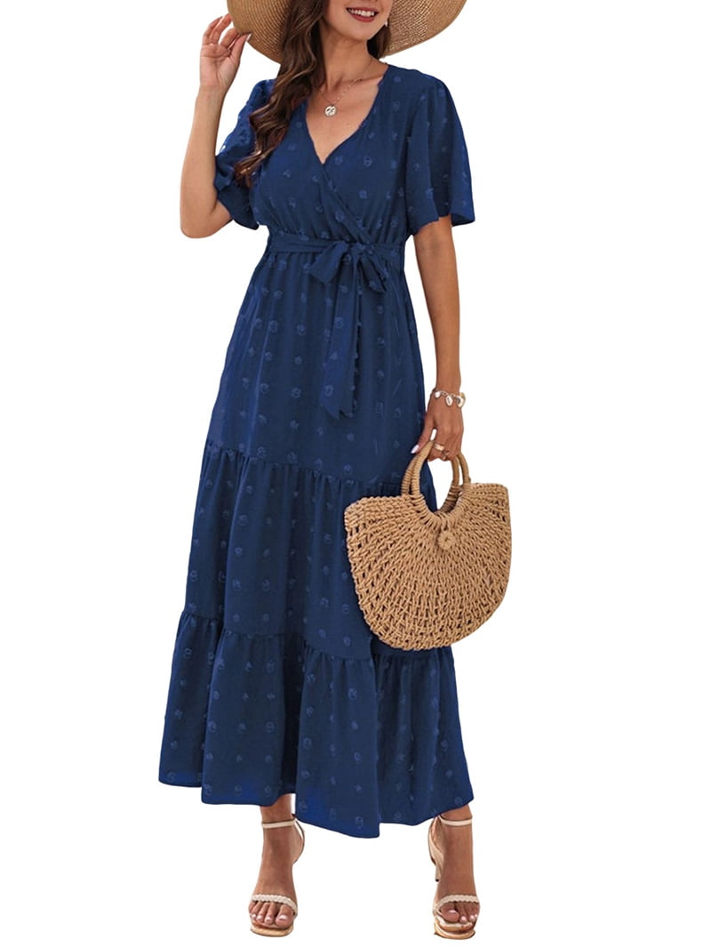 Boho Dot Summer Maxi Dresses for Women Wrap V Neck Short Sleeve Long Flowy Church Wedding Guest Dress Blue XXL