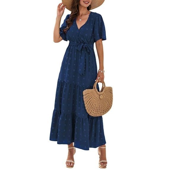Boho Dot Summer Maxi Dresses for Women Wrap V Neck Short Sleeve Long Flowy Church Wedding Guest Dress Blue XXL