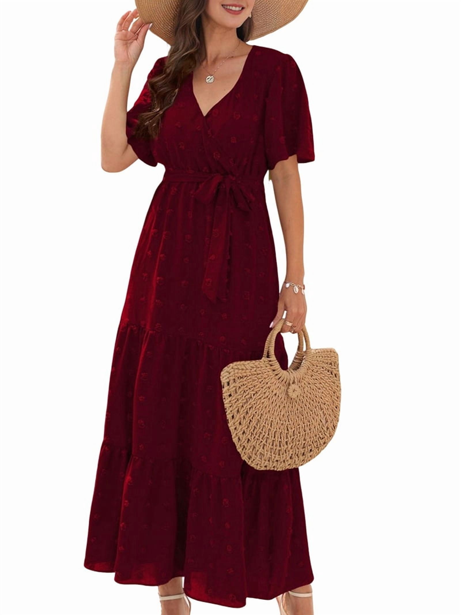 Boho Dot Summer Maxi Dresses for Women Wrap V Neck Short Sleeve Long Flowy Church Wedding Guest Dress  Red L