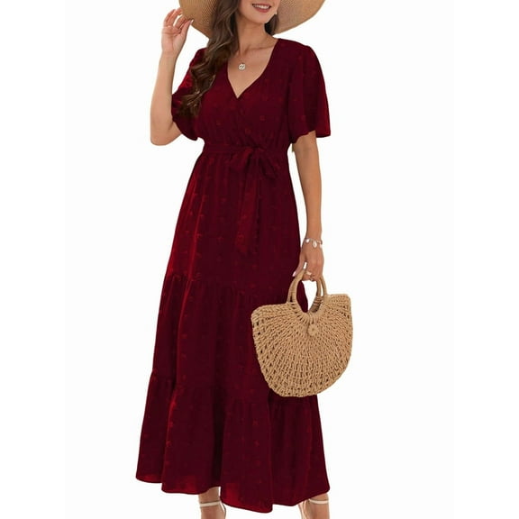 Boho Dot Summer Maxi Dresses for Women Wrap V Neck Short Sleeve Long Flowy Church Wedding Guest Dress Red L