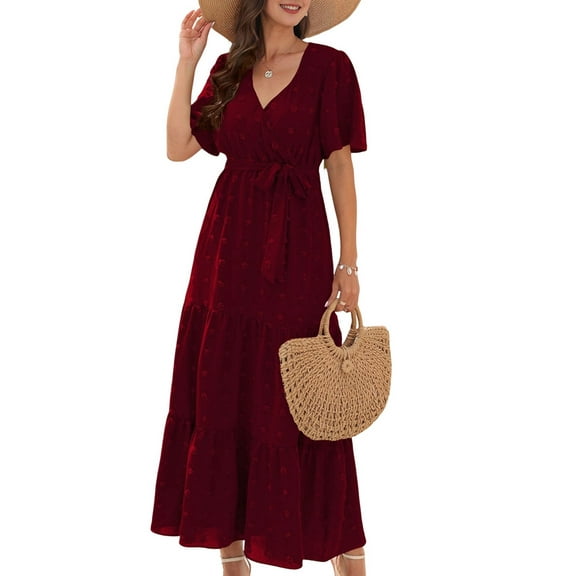 Boho Dot Summer Maxi Dresses for Women Wrap V Neck Short Sleeve Long Flowy Church Wedding Guest Dress Red XXL