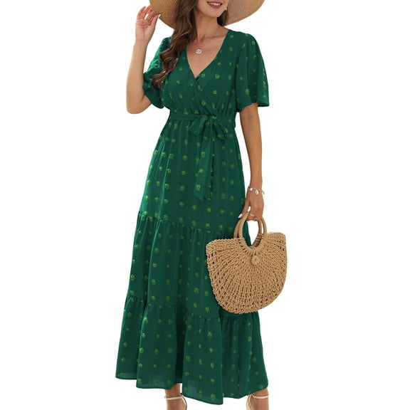 Boho Dot Summer Maxi Dresses for Women Wrap V Neck Short Sleeve Long Flowy Church Wedding Guest Dress Green L