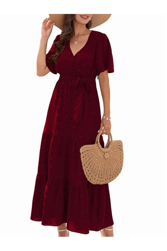 Boho Dot Summer Maxi Dresses for Women Wrap V Neck Short Sleeve Long Flowy Church Wedding Guest Dress Red XXL