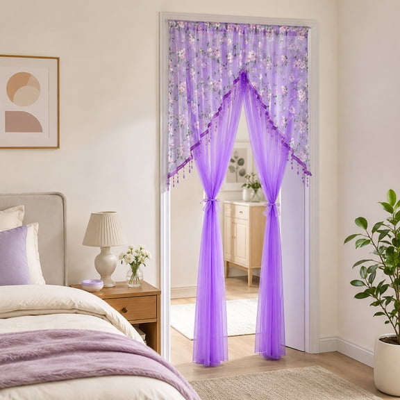 Boho Double-Layer Swag Curtain Valances with Tassels for Kitchen Windows, Rustic Floral Lace Macrame Curtain Toppers Semi Sheer Window Treatments for Living Room, Bathroom,Half Window, Purple