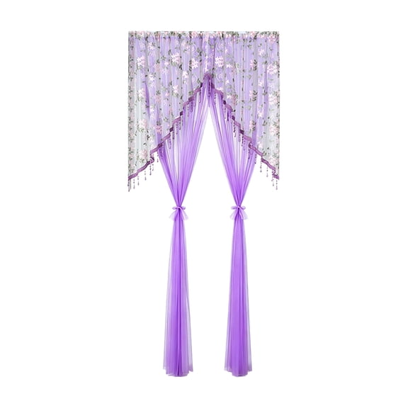 Boho Double-Layer Swag Curtain Valances with Tassels for Kitchen Windows, Vintage Floral Lace Macrame Curtain Toppers Semi Sheer Window Treatments for Living Room, Bathroom,Half Window, Purple