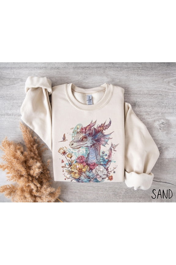 Boho Dragon TShirt Floral Fantasy Creature Crewneck Pullover Gift Fairycore Aesthetic Magi
