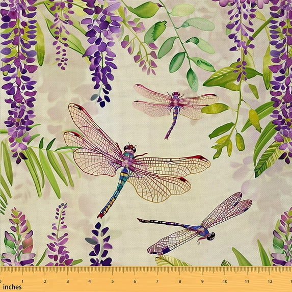 Boho Dragonflies Fabric By The Yard, Purple Petals Indoor Outdoor Fabric, Watercolor Rustic Upholstery Fabric, Chic Bohemian Decorative Fabric For Upholstery And Home Accents, 2 Yards