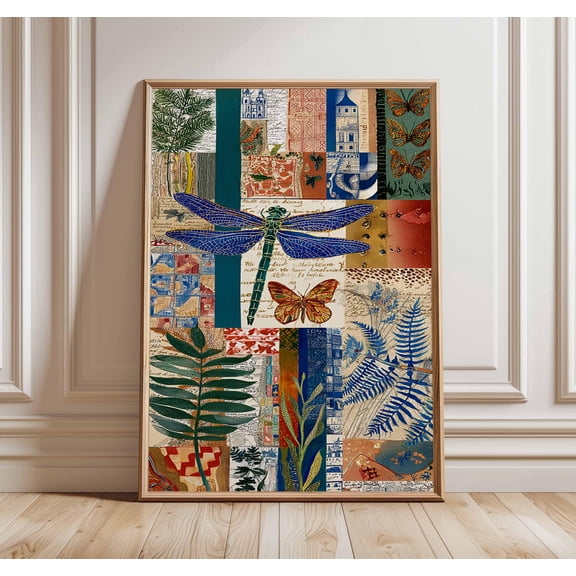 Boho Dragonfly Collage Poster, Botanical Wall Art Print, Poster Only