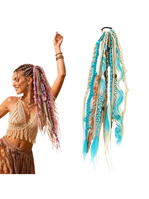 Boho Dreadlock Hair Extension, Elastic Dread Ponytail,Beaded Clip-in Braids